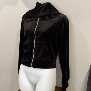 Black Velvety Full Zip Cropped Hoodie